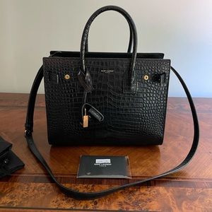 YSL Yves Saint Laurent Sac de Jour Black Noir Crocodile Embossed “Baby” Handbag